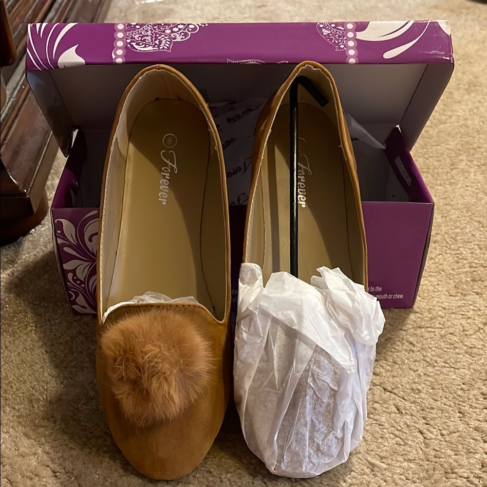 Forever Women's Tan Loafers with Pom Pom